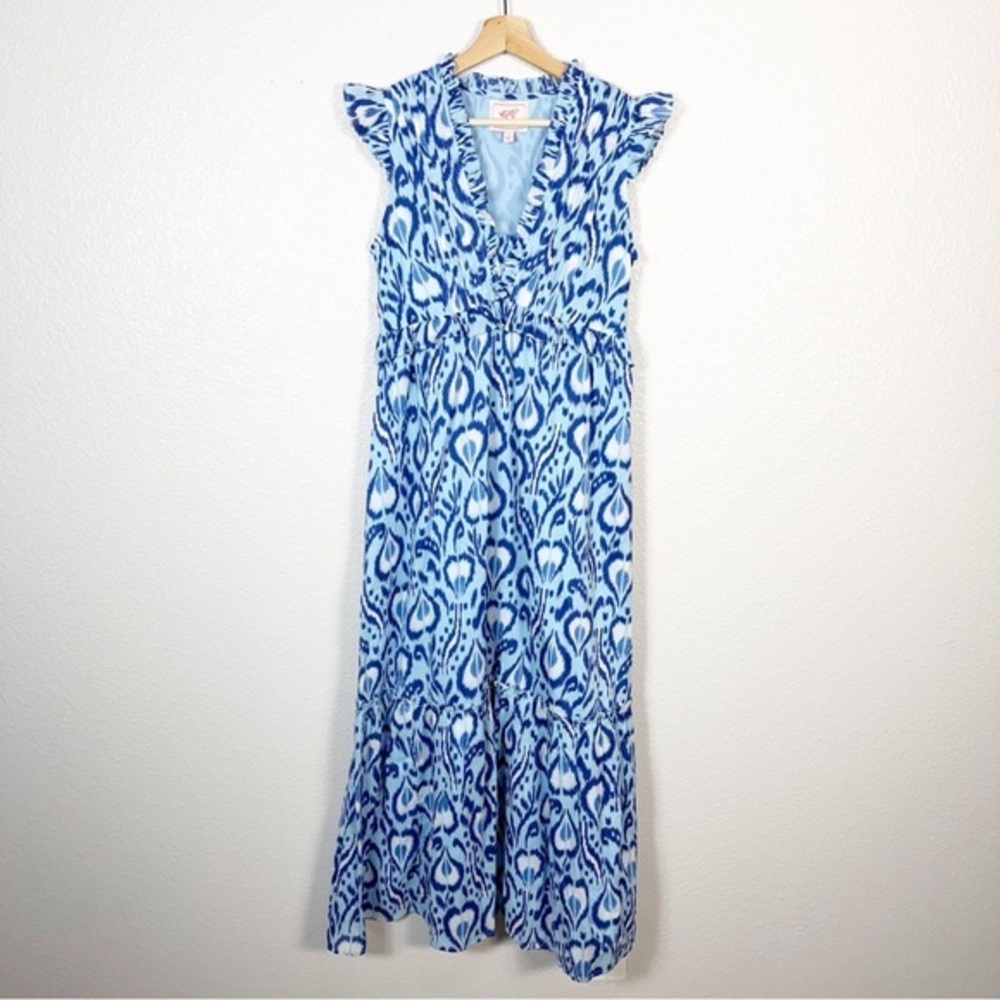 BANJANAN Size Small Womens Constance Midi Dress in Blue Ikat Bosphorus Print